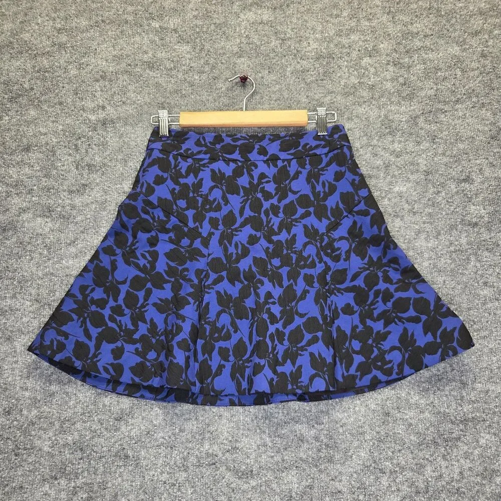 Express Skirt Womens 2 Blue Black Floral A-Line Short Mini Lined Jacquard Zip
